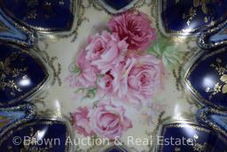 R.S. Prussia Mold 90 cobalt bowl, 10.25"d, pink roses, lots of nice gold detailing, red mark