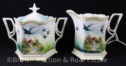 R.S. Prussia Mold 654 4"h creamer and cov. sugar, Mill scene coupled with Swallows, red mark