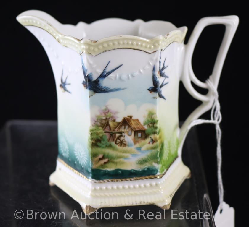 R.S. Prussia Mold 654 4"h creamer and cov. sugar, Mill scene coupled with Swallows, red mark