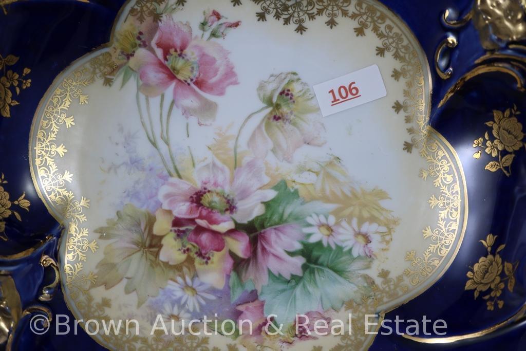 R.S. Prussia Mold 57 cobalt bowl, 10.25"d, mixed floral d?cor w/heavy gold trim, circle mold mark