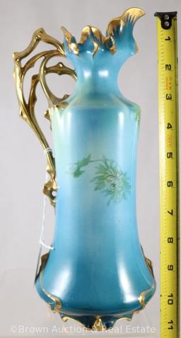Mrkd. Royal Vienna Germany 11"h ewer, dark blue background with multi-colored mums, heavy gold