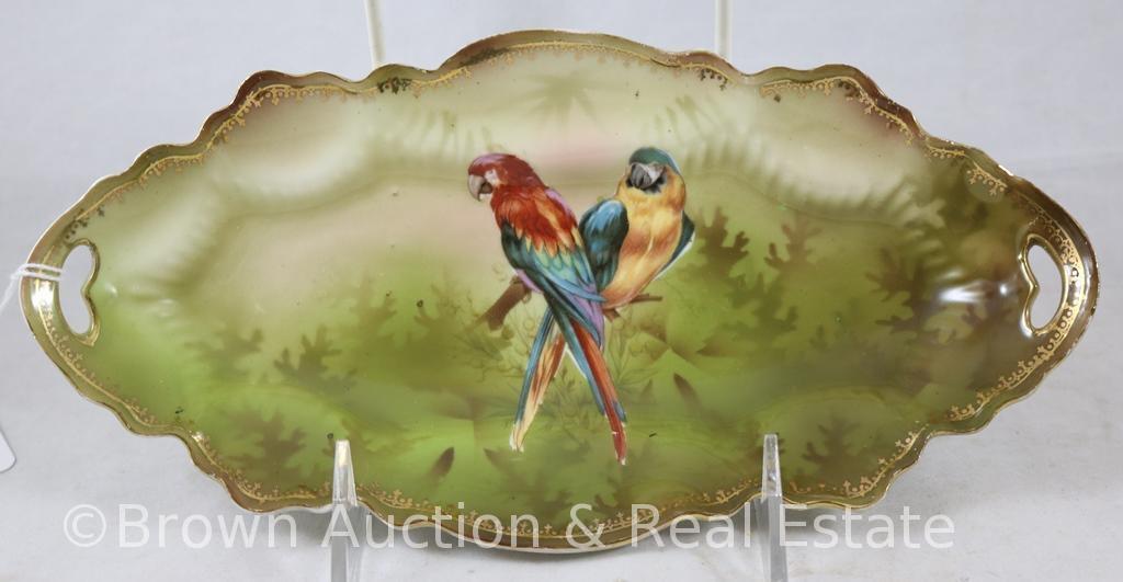 R.S. Prussia 9.75"l x 5"w relish tray, Parrots on green with gold border stencilling, red mark