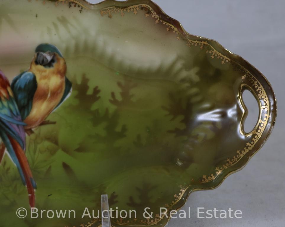 R.S. Prussia 9.75"l x 5"w relish tray, Parrots on green with gold border stencilling, red mark