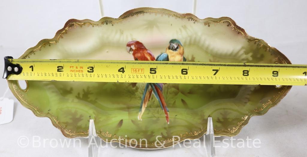 R.S. Prussia 9.75"l x 5"w relish tray, Parrots on green with gold border stencilling, red mark