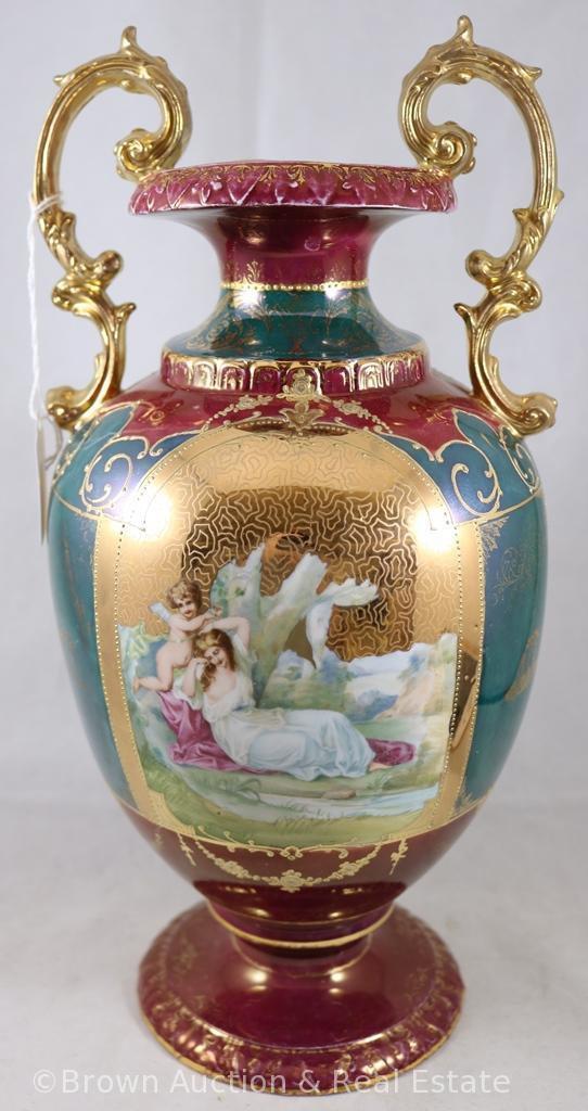 Mrkd. E.S. Germany 13.5"h dbl. handled vase with 3 portrait scenes: Diana/Venus and Three Graces