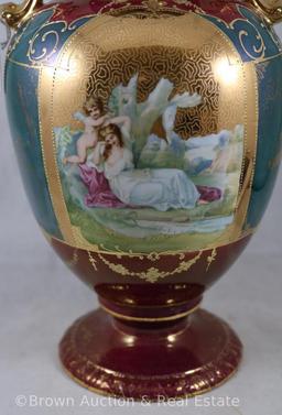 Mrkd. E.S. Germany 13.5"h dbl. handled vase with 3 portrait scenes: Diana/Venus and Three Graces