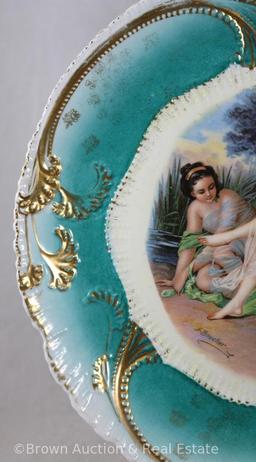 Mrkd. St. Kilian Germany 10"d plaque, semi-nudes by F. Boucher, great turquoise wide border with