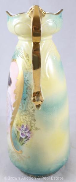 Mrkd. Germany 10.75"h vase with gold dbl. handles (ES Germany mold), Woman holding rose, nice green