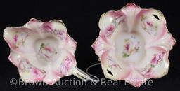 R.S. Prussia Mold 527 demi creamer and sugar, pink and white roses, rose finish, red mark