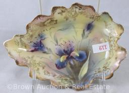 Mrkd. E.S. Germany/Prov Saxe 7"l x 5"w leaf-shaped nappy/candy dish, purple Iris, gold stencilling