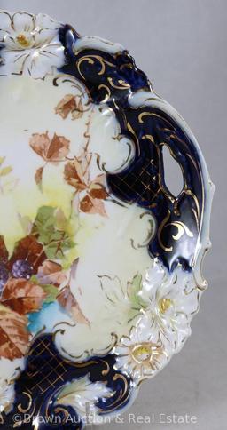 Unm. RSP Old style cobalt 9.25"d cake plate with floral border mold, autumn foliage and blackberry