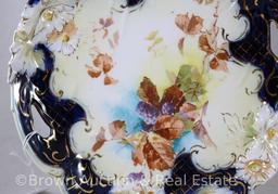 Unm. RSP Old style cobalt 9.25"d cake plate with floral border mold, autumn foliage and blackberry