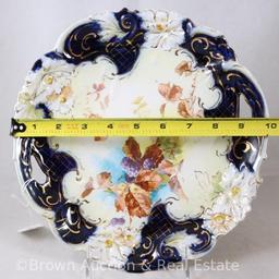 Unm. RSP Old style cobalt 9.25"d cake plate with floral border mold, autumn foliage and blackberry