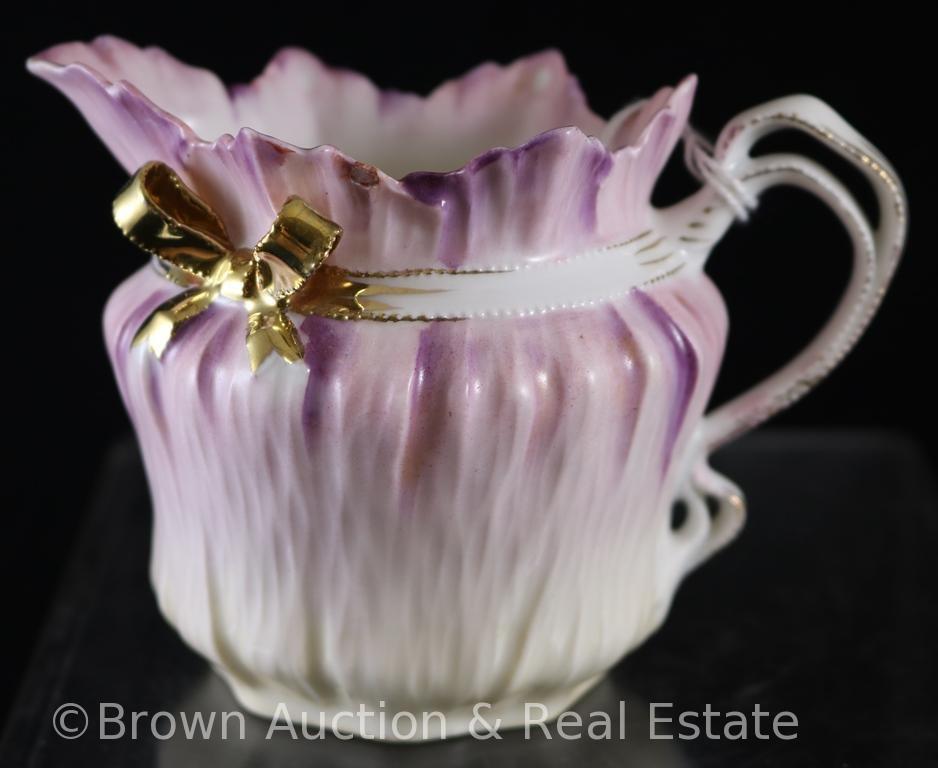 R.S. Prussia Mold 504 3.5"h creamer and cov. sugar, white to shaded purple top, gold "Bow Tie"