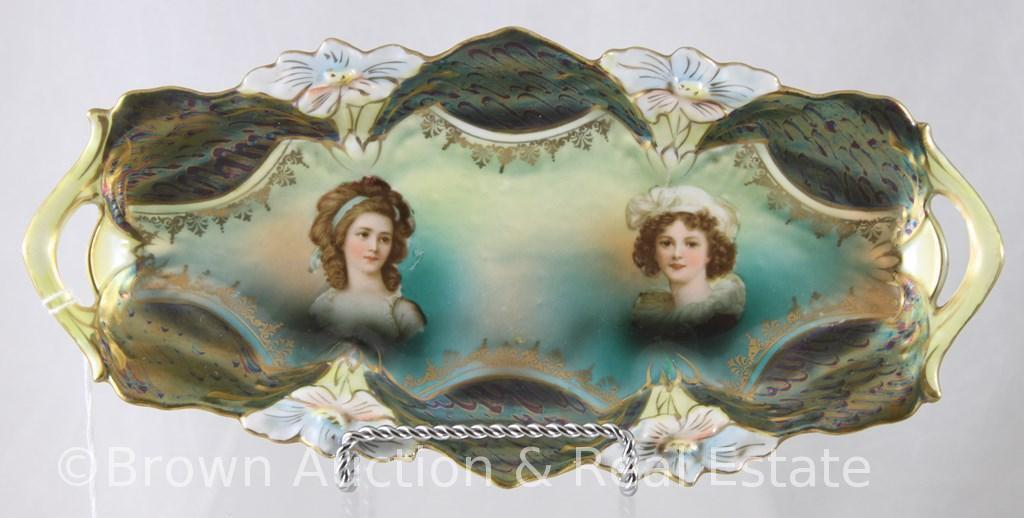 R.S. Prussia Lily Mold 29 relish dish with handle variation, double portrait with Countess Potocka