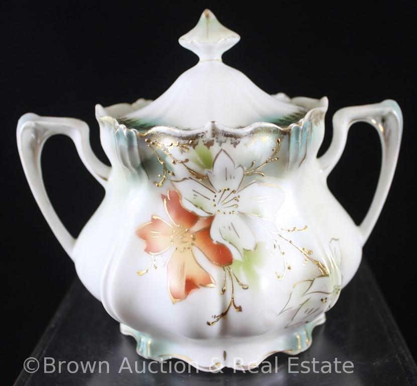 R.S. Prussia Mold 503 4"h creamer and cov. sugar, rust and white flowers with gold enamelled stems