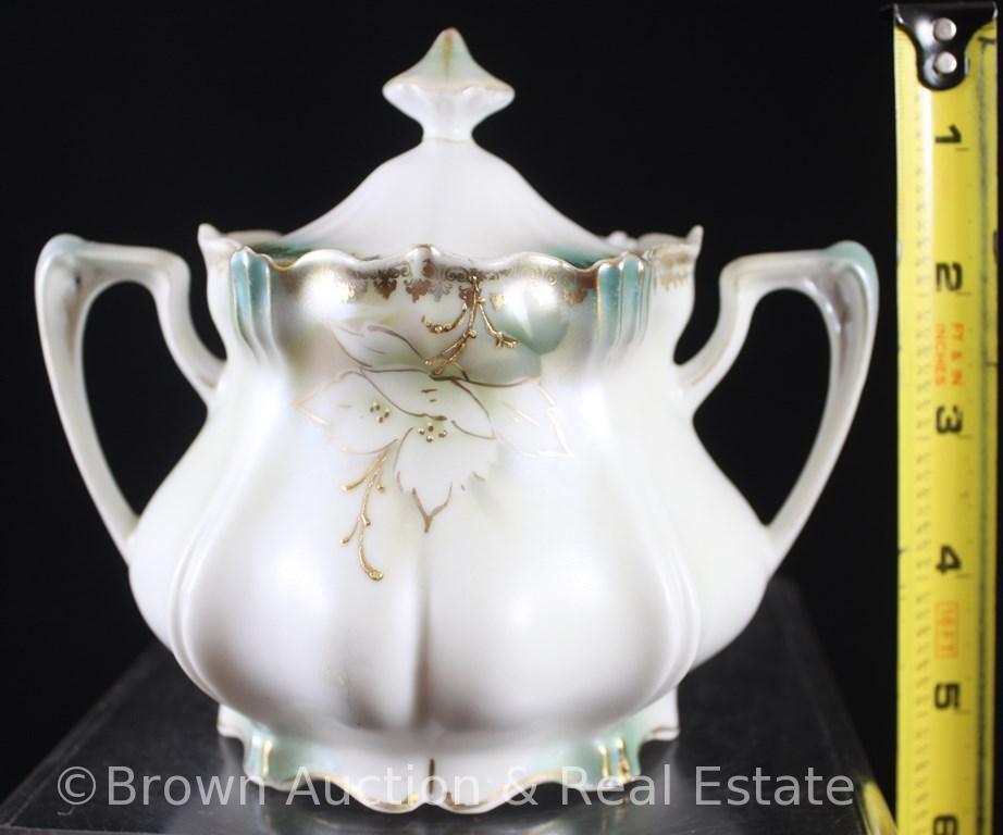 R.S. Prussia Mold 503 4"h creamer and cov. sugar, rust and white flowers with gold enamelled stems