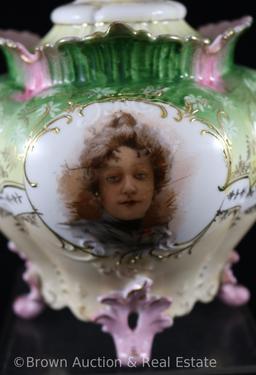 R.S. Prussia Mold 706 cracker/biscuit jar, 7.5"h, Flossie cameo portrait, green border at top with