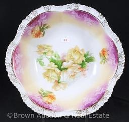 R.S. Prussia Mold 201 bowl, 11"d, yellow and white roses, rose shading on border, gold trim, red