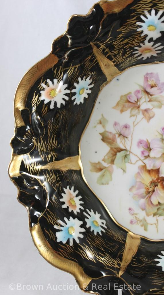 R.S. Prussia 10.5"d bowl, floral d?cor with black border finish, heavy gold details, circle mold