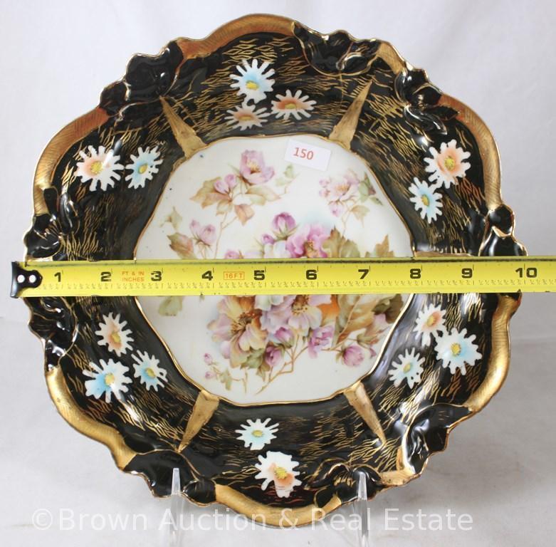 R.S. Prussia 10.5"d bowl, floral d?cor with black border finish, heavy gold details, circle mold