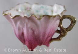 R.S. Prussia demi-cup and saucer, dainty pink and blue flowers interior/exterior is shades of pink,