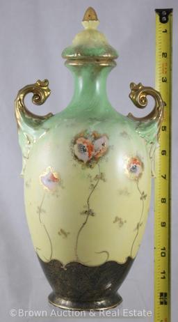 Mrkd. E.S. Germany 12" tall covered urn, dbl. gold handles, rust colored flowers with long gold