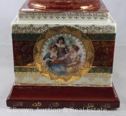 Mrkd. E.S. Germany/Prov Saxe 23"h (bolted) lidded urn, Mythological scene on both vase and base,