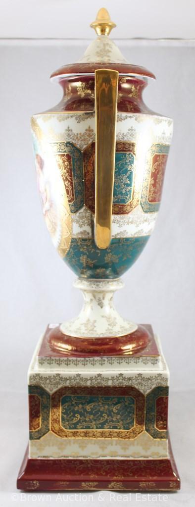 Mrkd. E.S. Germany/Prov Saxe 23"h (bolted) lidded urn, Mythological scene on both vase and base,