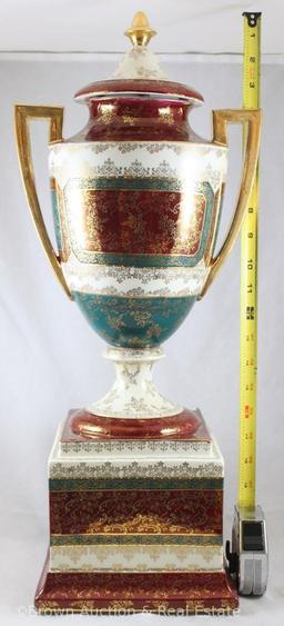 Mrkd. E.S. Germany/Prov Saxe 23"h (bolted) lidded urn, Mythological scene on both vase and base,