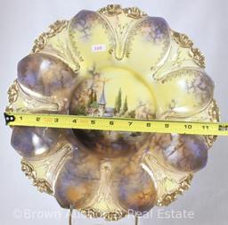 R.S. Prussia Mold 110 12"d centerpiece bowl, Castle scene with brown to yellow background, gold