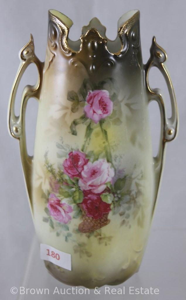 Mrkd. R.S. Poland 7"h dbl. handled vase in RSP Mold 938, Hanging Basket d?cor on green tones, gold