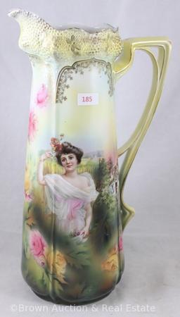 R.S. Prussia Stippled Floral Mold 525 tankard, 13.5" tall, dbl. scene with Summer Season and Cottage