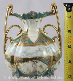 R.S. Prussia Art Nouveau 5"h vase with dbl. gold handles, Spring Season portrait/band of dainty