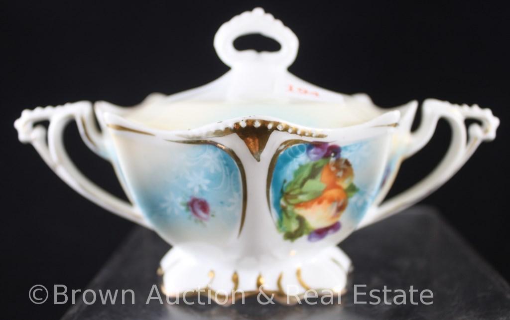 R.S. Prussia Mold 662 2.75"h creamer and cov. Sugar, Fruit and floral on white, blue finish, gold