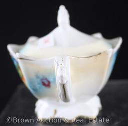 R.S. Prussia Mold 662 2.75"h creamer and cov. Sugar, Fruit and floral on white, blue finish, gold