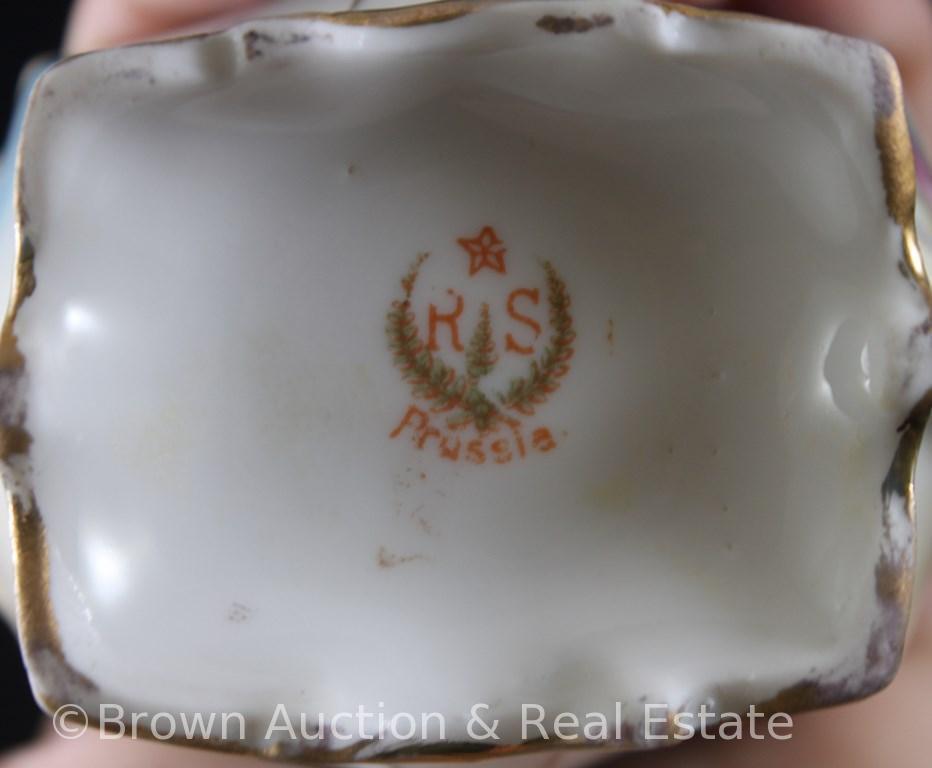 R.S. Prussia Mold 662 2.75"h creamer and cov. Sugar, Fruit and floral on white, blue finish, gold