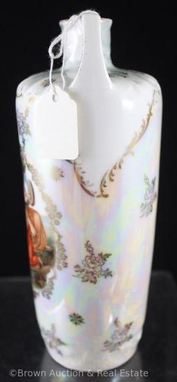 Mrkd. E.S. Germany/Prov Saxe 7.5"h dbl. handled vase, Mythological scene on pearl luster finish,