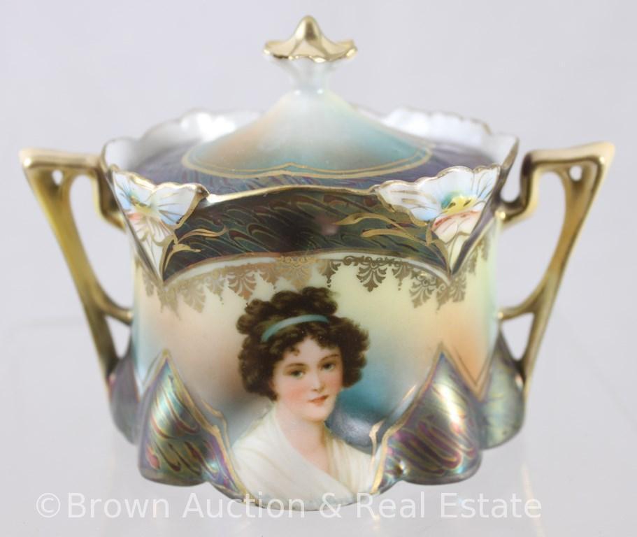 R.S. Prussia Mold 17 miniature 2.5"h creamer and cov. sugar, LeBrun portraits with Tiffany finish -