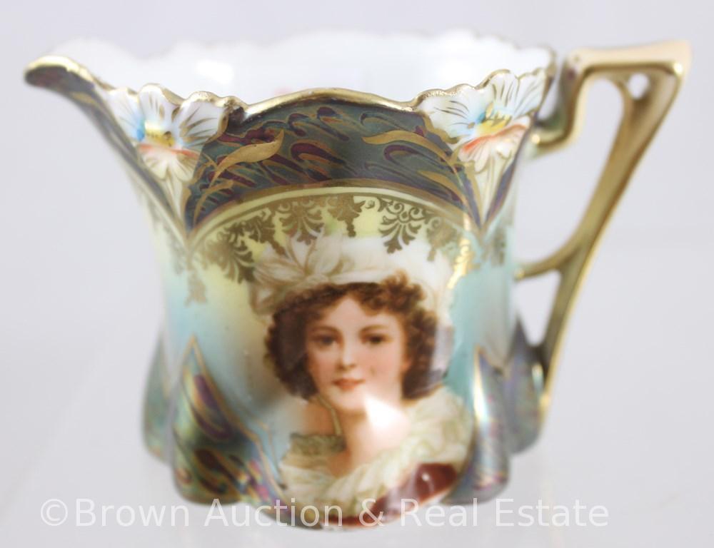 R.S. Prussia Mold 17 miniature 2.5"h creamer and cov. sugar, LeBrun portraits with Tiffany finish -