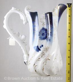 Unm. RSP 9.5"h Cobalt pitcher w/scrolled handled and swirled/paneled body, floral d?cor w/gold