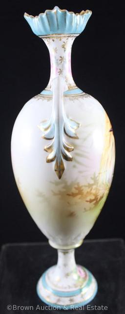 Unm. RSP dbl. handled 10"h pedestal vase, Bird of Paradise - Nice!