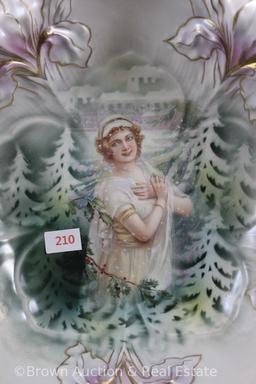R.S. Prussia Iris Mold 25 bowl, 10.25"d, Winter season portrait on white satin finish, lt. lavender