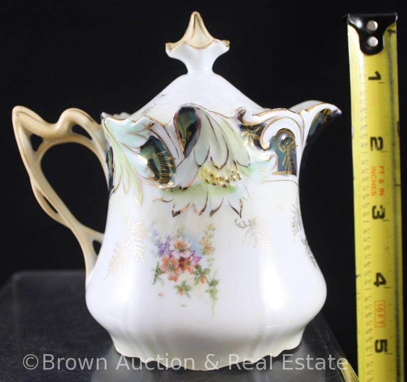 R.S. Prussia Mold 3 syrup pitcher with lid and underplate, 2 cherubs with dainty flowers and gold