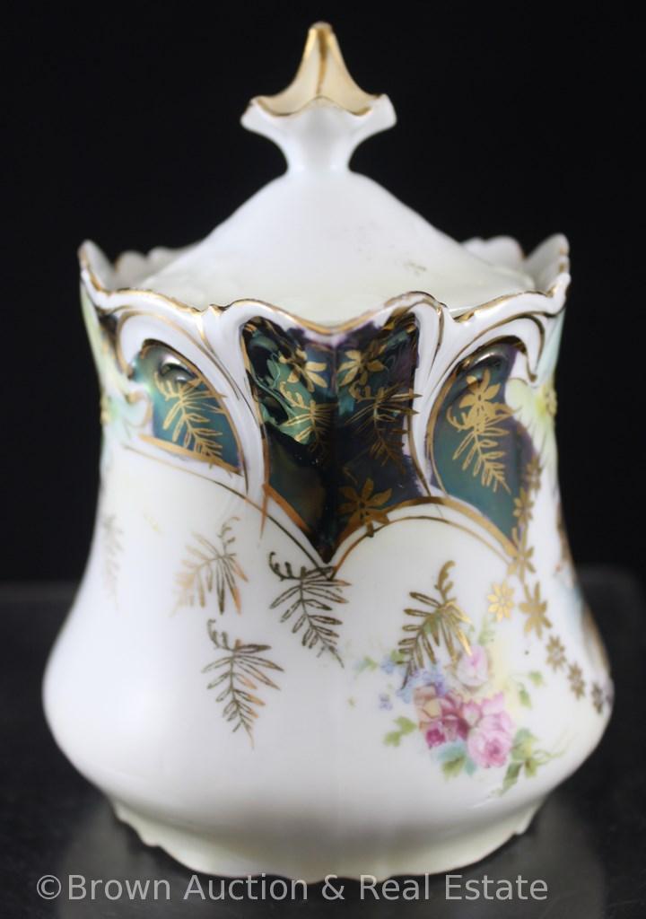 R.S. Prussia Mold 3 syrup pitcher with lid and underplate, 2 cherubs with dainty flowers and gold