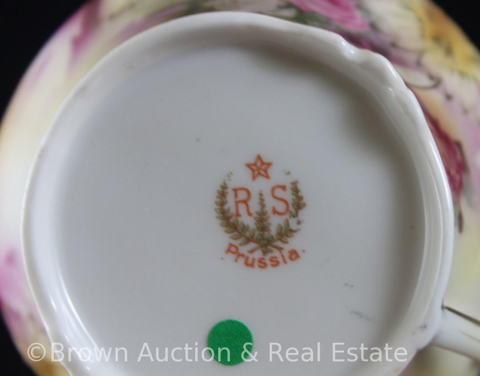 R.S. Prussia Carnation Mold coffee cup, pink and white roses with rose and green finish, red mark