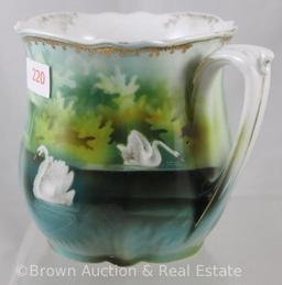 R.S. Prussia shaving mug with Swans and Portico on blue and green tones, 3.5"h, red mark - Rare and