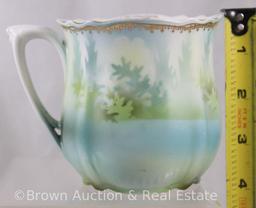 R.S. Prussia shaving mug with Swans and Portico on blue and green tones, 3.5"h, red mark - Rare and