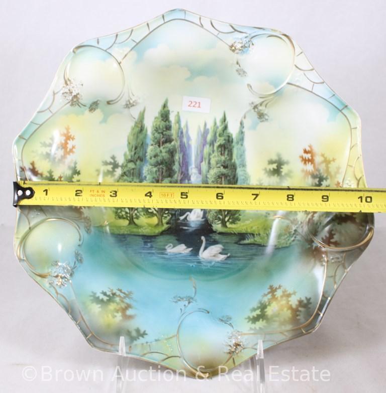 R.S. Prussia 11"d bowl - interesting scene and mold - Swans in channel between trees on blue and