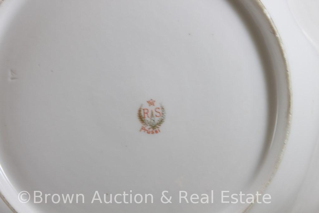 R.S. Prussia 11"d bowl - interesting scene and mold - Swans in channel between trees on blue and